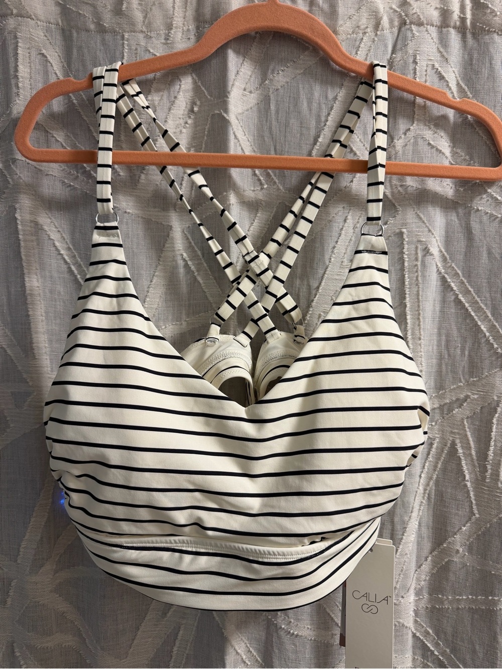 CALIA White & Black Strappy Back Ruched Medium Support Bikini Top